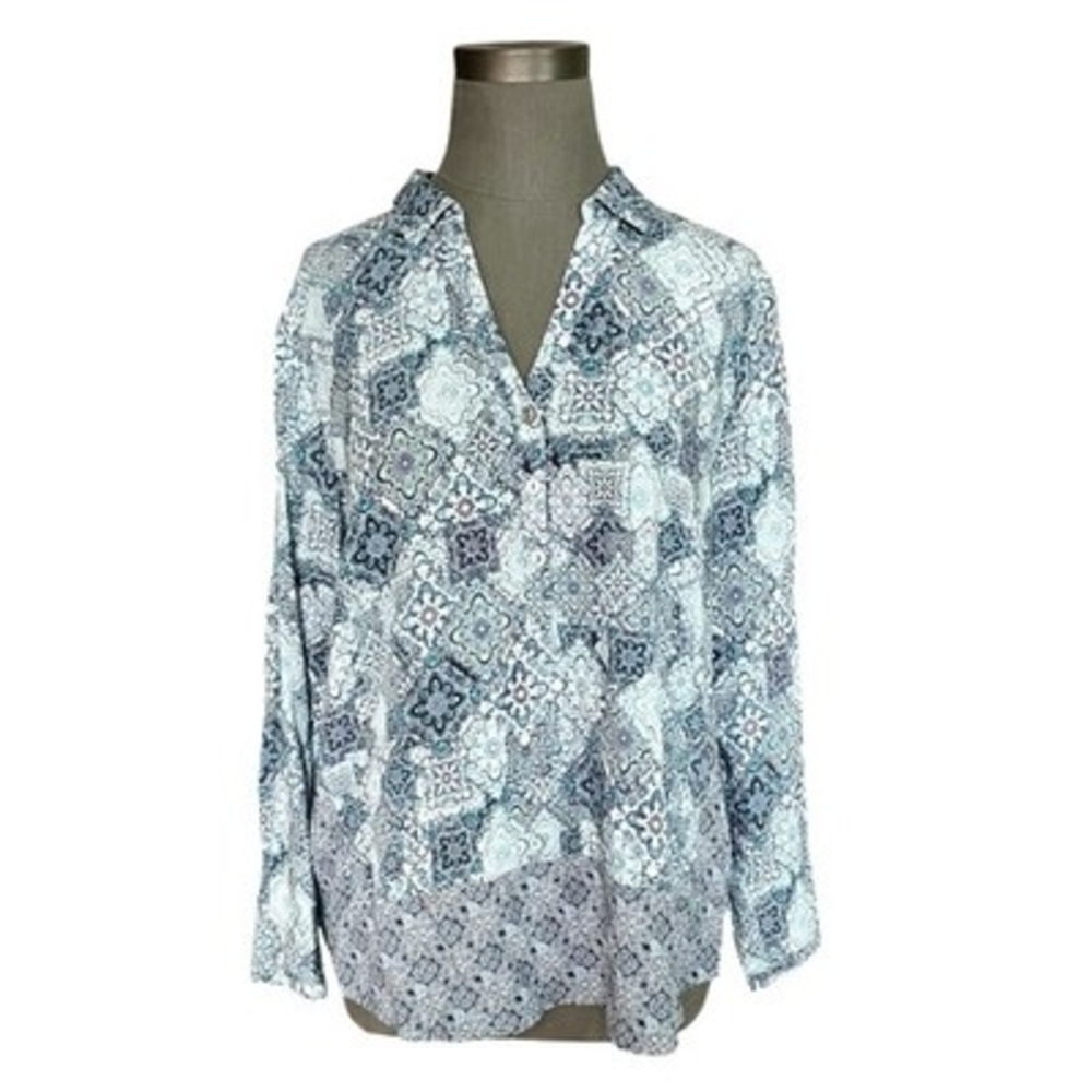 J. Jill Blue Medallion Print Popover Tunic Blouse Long Sleeve Rayon Sz L Petite - Picture 3 of 7